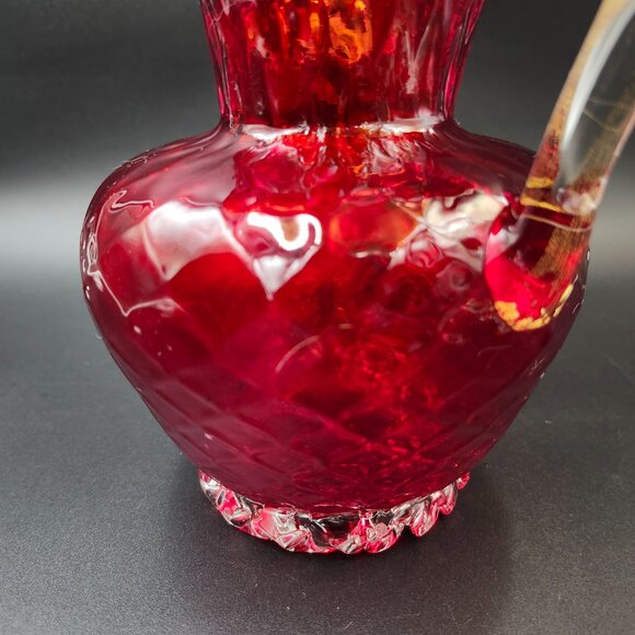 Vintage Art Glass Red Quilted Jug Ewer Applied Handle - Picture 9 of 16